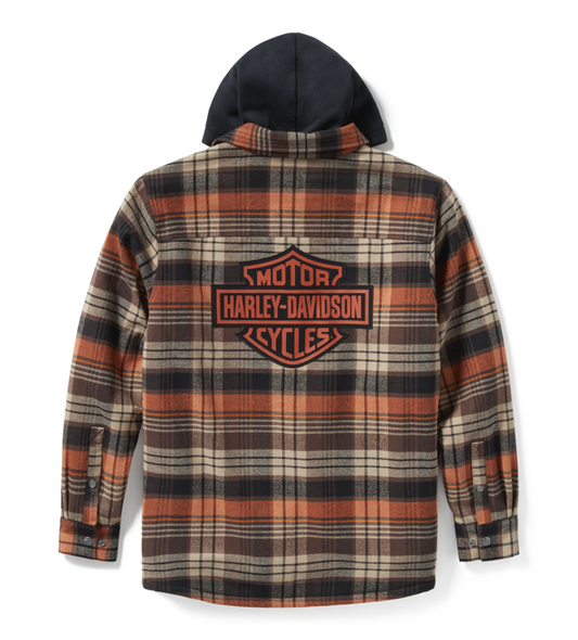 Harley-Davidson® Men's Hooded Shirt Jacket- Black/Brown Plaid