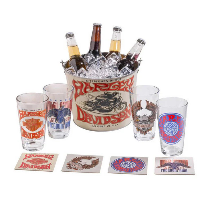 Harley-Davidson® 1970s Throwback Psychedelic Party Bucket - 4 Glasses - 8 Coasters