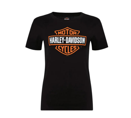 Gasoline Alley Harley-Davidson® Women's Dealer Tee - B&S Orange on Black