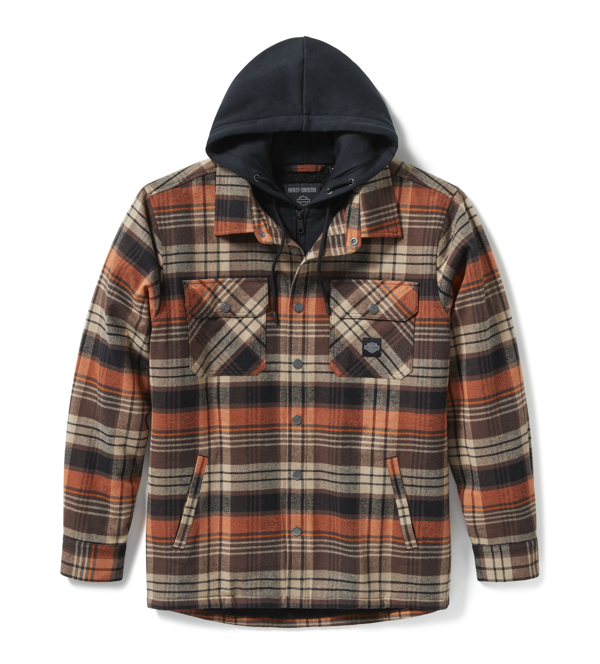 Harley-Davidson® Men's Hooded Shirt Jacket- Black/Brown Plaid