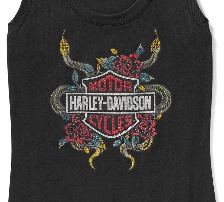 Harley-Davidson® Women's Serpent Rose Bling Ribbed Tank - Harley Black