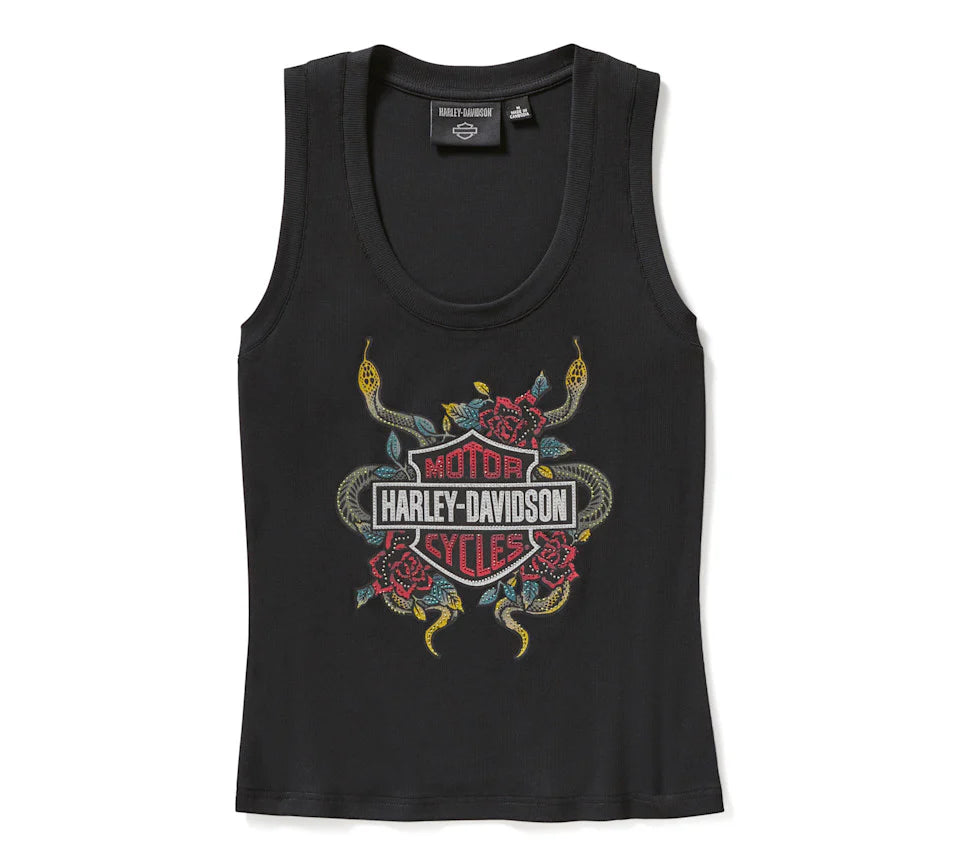 Harley-Davidson® Women's Serpent Rose Bling Ribbed Tank - Harley Black