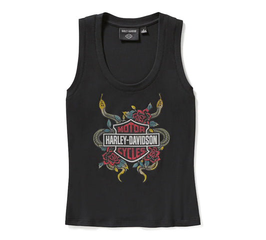 Harley-Davidson® Women's Serpent Rose Bling Ribbed Tank - Harley Black