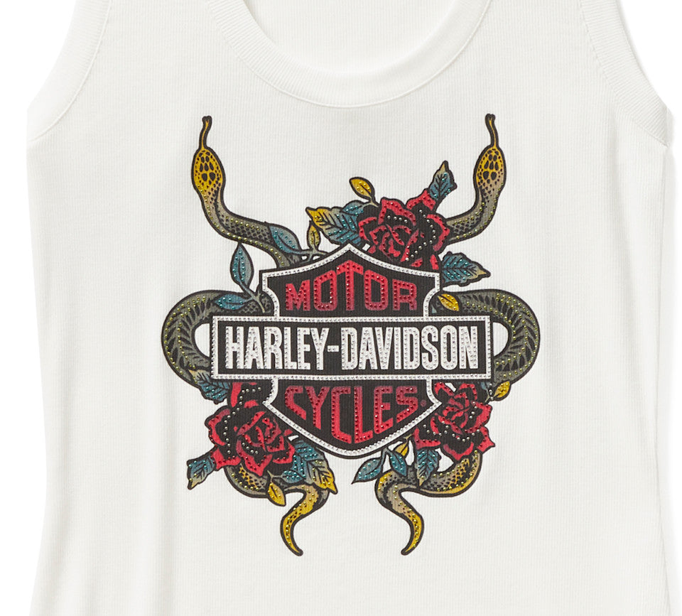 Harley-Davidson® Women's Serpent Rose Bling Ribbed Tank - Cloud Dancer