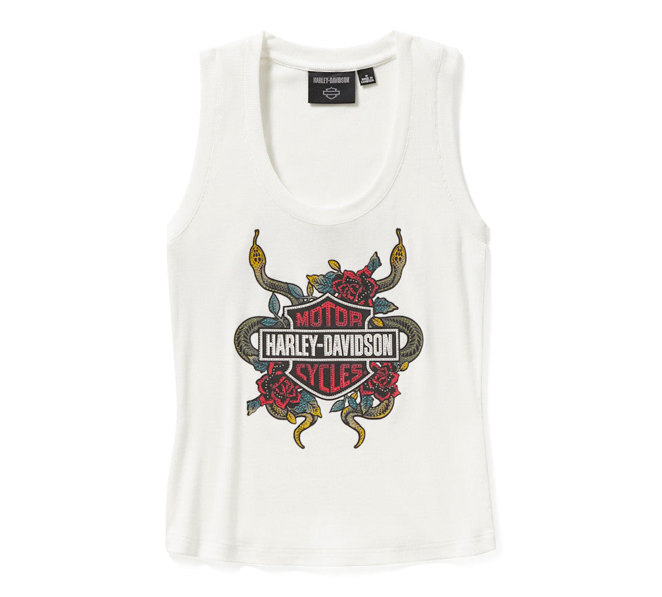 Harley-Davidson® Women's Serpent Rose Bling Ribbed Tank - Cloud Dancer