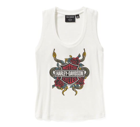 Harley-Davidson® Women's Serpent Rose Bling Ribbed Tank - Cloud Dancer