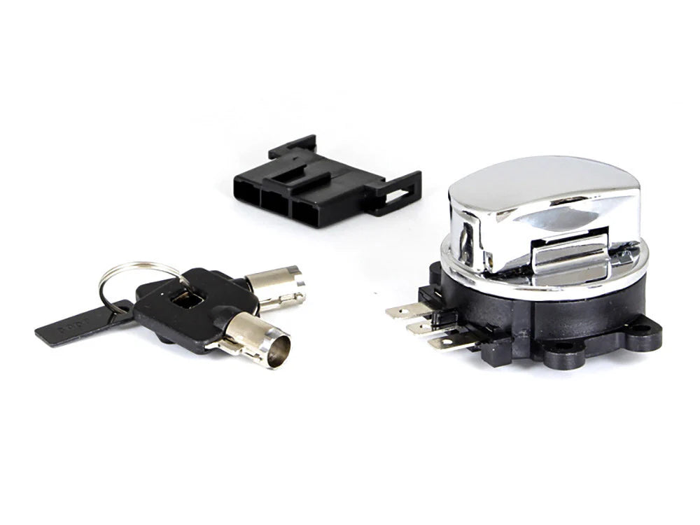 BAI-21-0207 Ignition Switch – Chrome. Fits Softail 1996-2002, Road King 1994-2002 & Dyna Wide Glide 1993-2002.