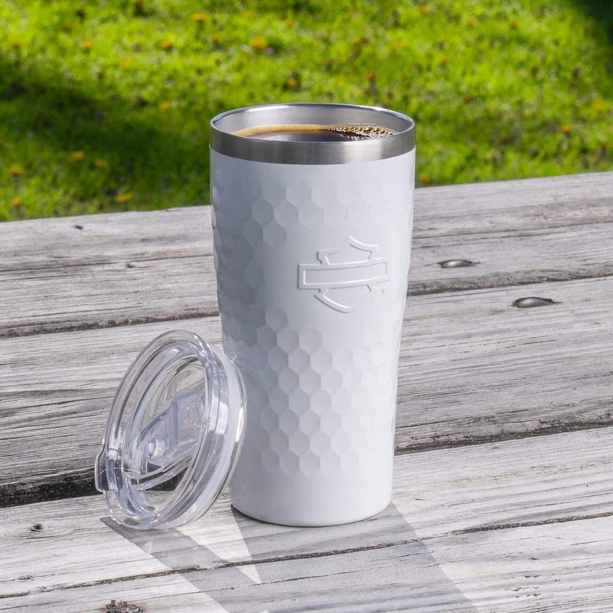 Harley-Davidson® Embossed Open Bar & Shield Travel Mug - White